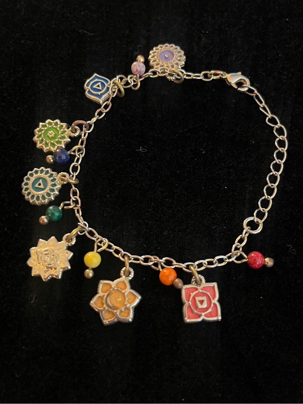 Vintage gold-tone 7 Chakra Charm Bracelet features colorful lotus flower ect: